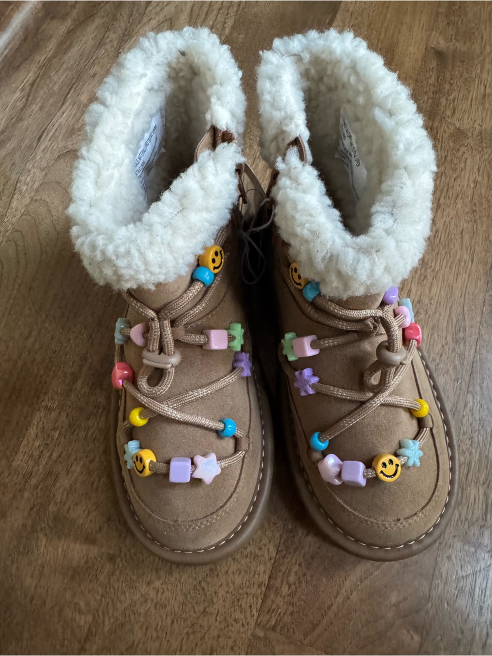 Art Class Tan Faux-Shearling Beaded Lace-Up Kids Boots